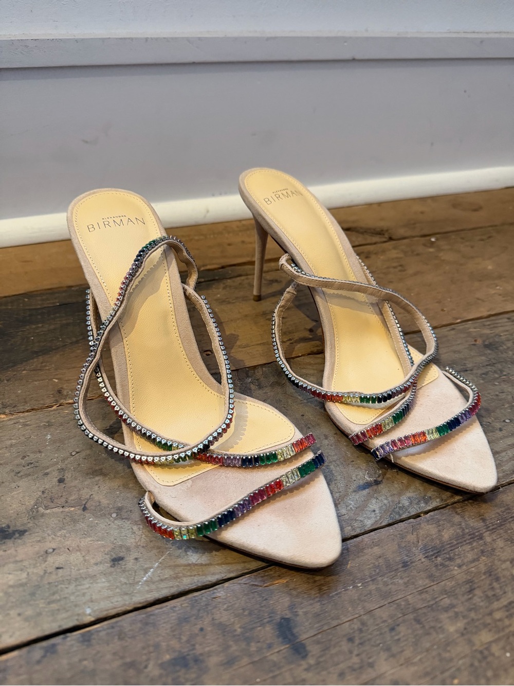 Alexandre Birman Nude Suede Heels with Multicolor Crystal Straps